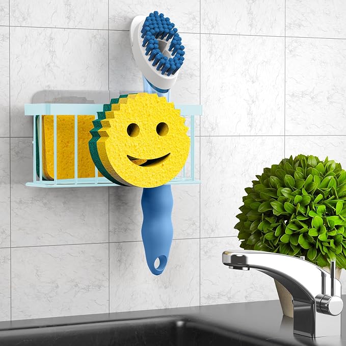 MURLONG Sponge Holder Smiley Face,Sink Caddy for Kitchen Sink,Sponge Holder with 2 PCS Suction Cups/1 PCS Adhesive Strips,Designed for Sponge,Soap,Dish Brush,Scrubber-Blue