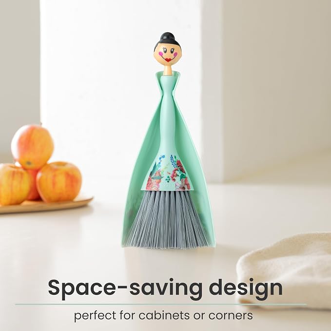 Vigar Mini Broom and Dustpan Set - Small Broom and Dustpan, Hand Broom for Desk, Kitchen, Car, Crumb Brush for Dust & Pet Hair, Decorative Doll Design, Portable Dust Pan Brush for Indoor - Turquoise