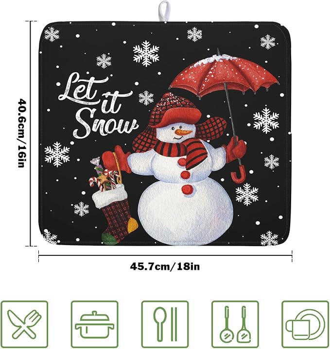 Winter Snowman Dish Drying Mat, Christmas Snow Dish Drying Mat for Kitchen Counter, Christma Cute Snowman Absorbent Fast Dry Dish Drainer Mat Protector Xmas Microfiber Dish Drying Pad 16x18 Inch