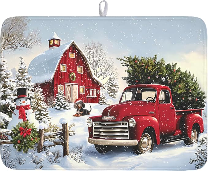 Giwawa Red Truck Dish Drying Mat Winter Xmas Tree Drainer Rack Pad 18"x24" Microfiber Absorbent Quick Dry Dish Sink Mat for Table Kitchen Counter