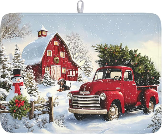 Giwawa Red Truck Dish Drying Mat Winter Xmas Tree Drainer Rack Pad 18"x24" Microfiber Absorbent Quick Dry Dish Sink Mat for Table Kitchen Counter