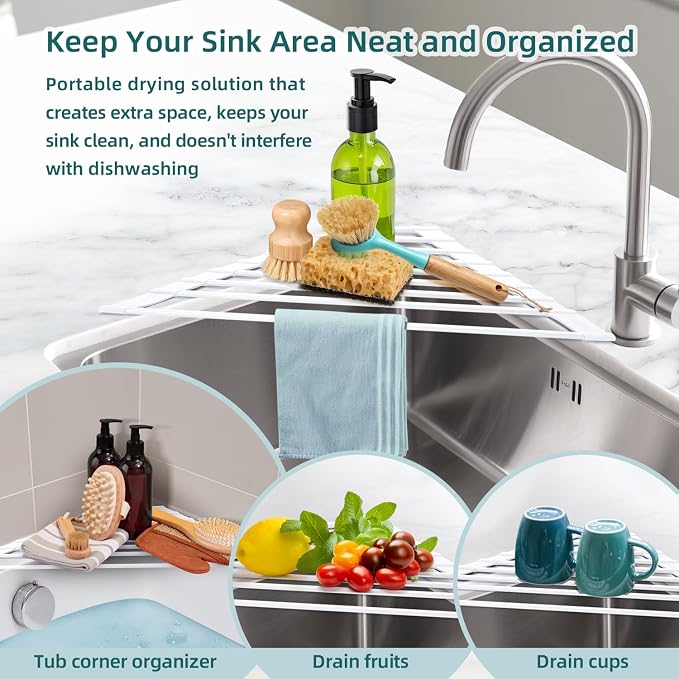 Ohuhu Corner Sink Strainer, Sponge Holder for Kitchen Sink Organizer - Silicone Wrapped Steel Anti Slip Rust Triangle Over the Sink Roll-UP Dish Drying Rack Caddy Kitchen Sink Accessories