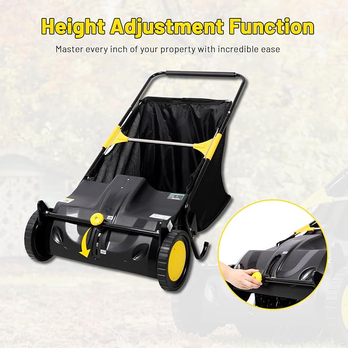 26 Inch Push Lawn Sweeper, Hand Powered Leaf & Grass Sweeper with 7 Cu Ft Hopper, 4 High-Speed Brushes, Height Adjustable, ABS & Steel Frame for Yard Lawn Cleanup (26 Inch Black)