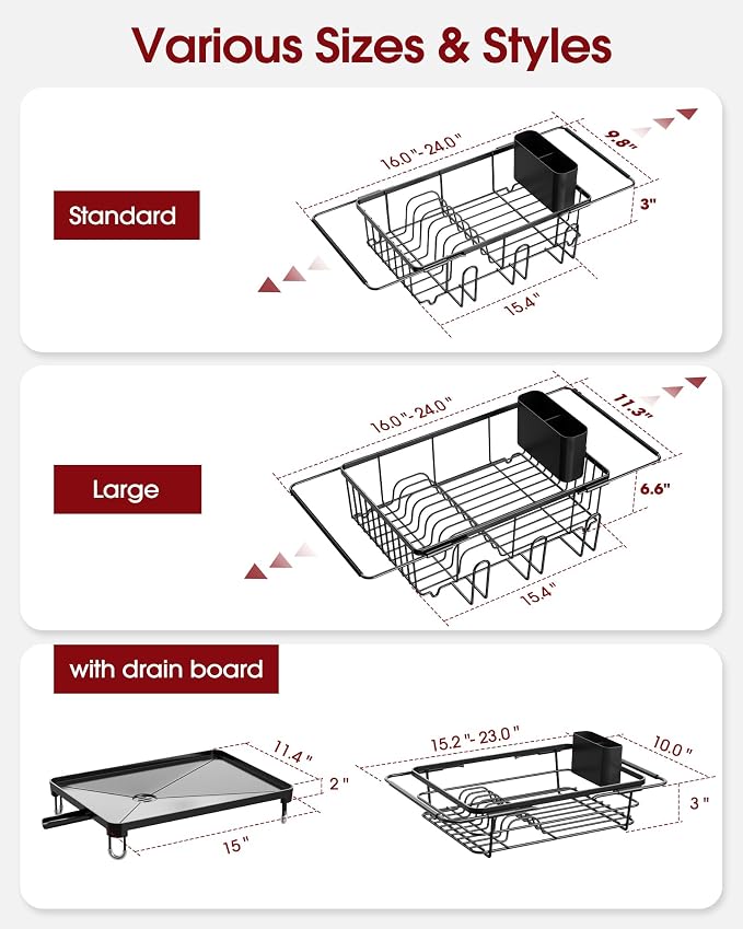 Sakugi Dish Drying Rack in Sink - Expandable Stainless Steel Dish Rack Over The Sink, Kitchen Sink Drain Strainer with Cutlery Holder & Cup Holders, 15.2 x 10.0 x 4.2 Inch, Black