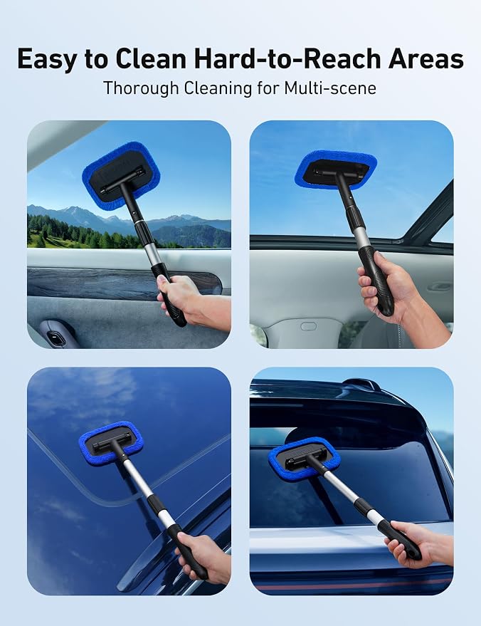 AstroAI Windshield Cleaner, Microfiber Window Cleaner with 4 Reusable Washable Large Sponge Pads, Extendable 180° Rotating Handle, Fits Cars & SUVs, Includes Spray Bottle, Blue