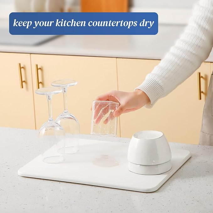 Quick Dry Stone Drying Mat for Kitchen Counter, Water-Absorbent Diatomaceous Dish Drying Mats, Multi-Purpose Stone Drying Tray for Cups Dishes Bottles, Carrara White