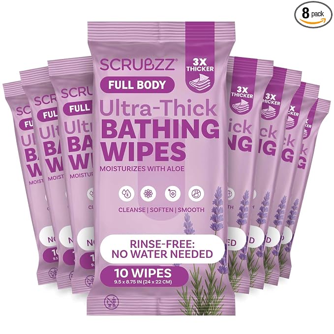 Extra Large Bath Wipes for Adults Bathing No Rinse - 80 Ultra Thick Disposable Body Cleansing Wipes for Men, Women & Elderly - Great for Gym, Camping, Post Surgery - Lavender
