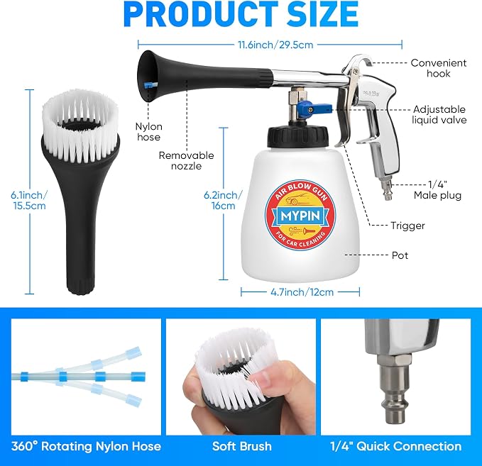 Aluminium Car Cleaning Gun Set with Tapered Nozzle, Car Air Blow Clean Gun | 6-9.2Bar High Pressure Cleaning Gun with 2 Set Nozzle, 1L Bottle, Auto Detailing Tool for Deep Cleaning Interiors/Exteriors