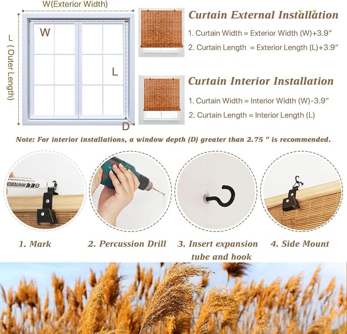 Cordless Bamboo Outdoor Blinds for Patio - Waterproof Reed Roller Shades for Porch Deck, Light Filtering Sun Shade Privacy Screen for Gazebo Pergola Windows, Retro Roman Shade(24" W x 72" H)