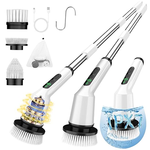Electric Spin Scrubber for Cleaning Bathroom, Shower Scrubber Cordless Cleaning Brush with IPX7 Waterproof & 2 Speed, 3 Flat Brush Heads, Bathroom Cleaning Supplies for Shower Tub Kitchen Tile Toilet