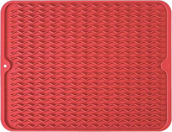 Silicone Dish Drying Mat, Non-Slip Easy Clean Sink Mat Large Heat-resistant Dish Drainer Mat for Kitchen Counter, Sink, Refrigerator or Drawer liner (18" x 16", RED)