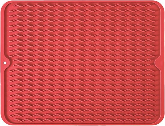 Silicone Dish Drying Mat, Non-Slip Easy Clean Sink Mat Large Heat-resistant Dish Drainer Mat for Kitchen Counter, Sink, Refrigerator or Drawer liner (18" x 16", RED)