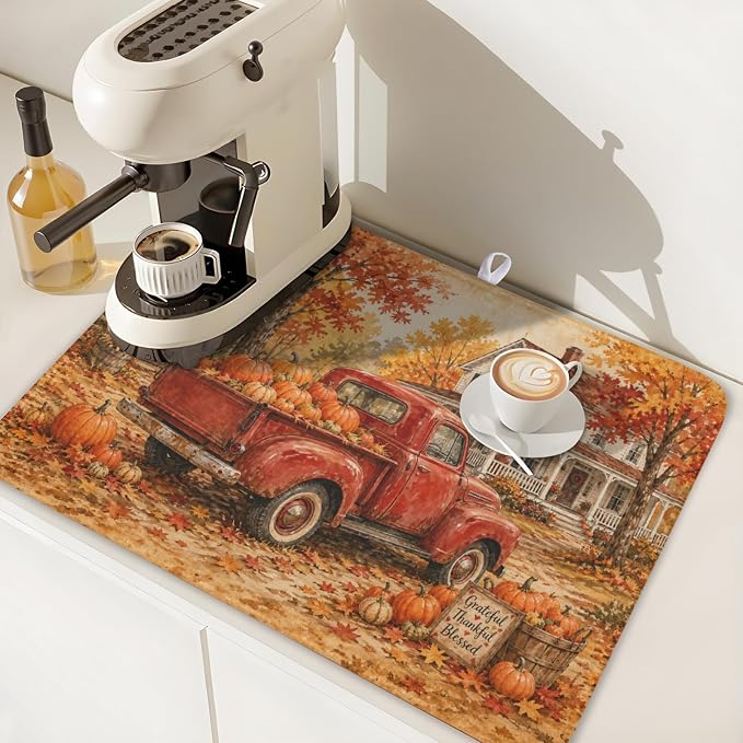 Fall Pumpkin Dish Drying Mat for Kitchen Counter Thanksgiving Autumn Harvest Pattern Microfiber Dish Drainer Mat Vintage Rustic Farmhouse Absorbent Washable Drying Pad 18"x24"