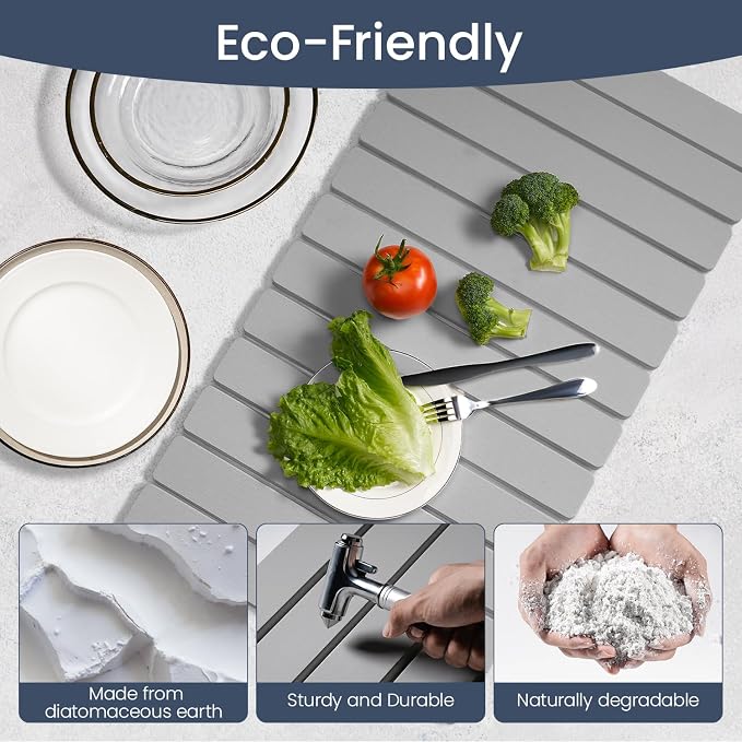Meowoo Stone Drying Mat for Kitchen Counter, 28.3"x15.7" Foldable Diatomaceous Earth Mat, Super Absorbent, Quick-Dry Bath & Kitchen Pad for Dishes, Cups, Non-Slip, Fit Any Countertop - Light Gray
