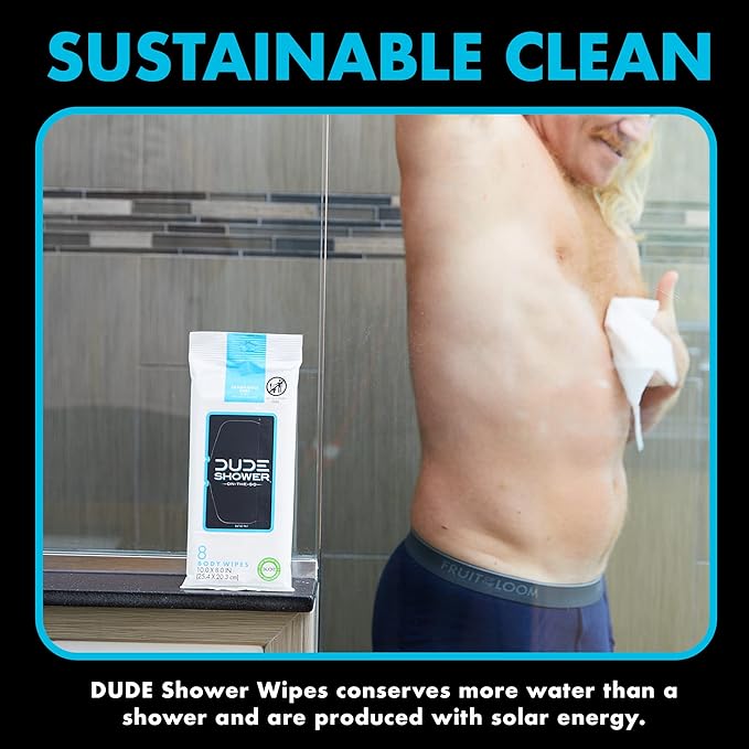 DUDE Wipes Fragrance Free On-The-Go Shower Wipes - Extra-Large and Thick Cleansing Body Wipes Ideal for Travel - 1 Pack (8 Count) - Infused with Vitamin E and Aloe