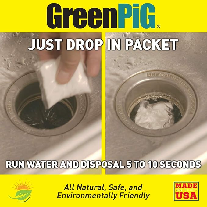 GREEN PIG Garbage Disposal Drain Deodorizer and Odor Eliminator, Destroys Odors, and Breaks Down the Causes for a Fresh, Clean Kitchen Environment