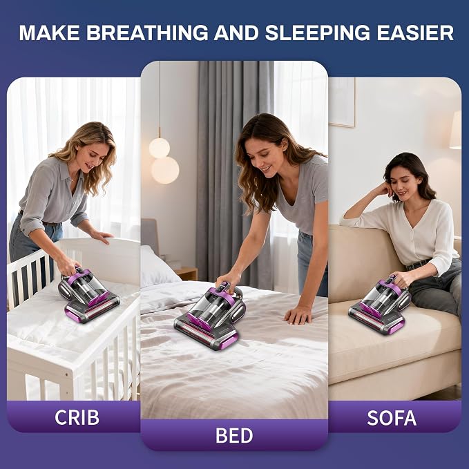 Cordless Mattress Vacuum Cleaner, 16Kpa Bed Vacuum with 253.7nm UV-C Light & Ultrasonic Tech, HEPA Filter, Portable Handheld Vacuum for Bed Sofa Couch Crib & Pet Hair (Purple)