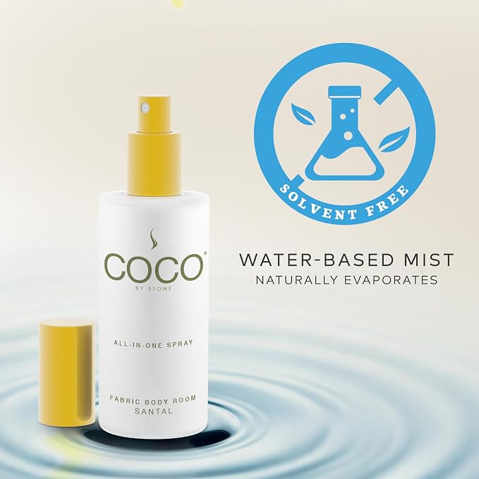 COCO by Stone 5oz All-in-One Spray Santal Fabric & Room Spray | Shake-and-spray formula for fabrics, pillows, clothing, and rooms with a luxurious Santal fragrance. Vegan & cruelty-free.
