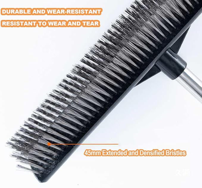 Heavy Duty Floor Scrub Brush Stainless Steel Wire Floor Scrubber with Long Handle Stiff Bristles Outdoor Push Broom for Cleaning Deck,Concrete,Patio,Boat,Moss Removal