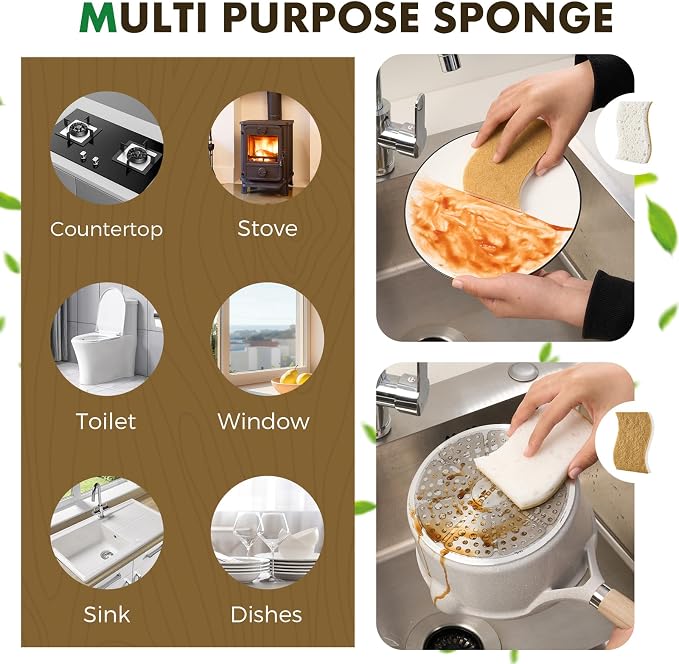 COBETE 12 Pack Natural Biodegradable Kitchen Non Scratch Sponges,Compostable Plant Based Coconut Cellulose Sponge,Eco Friendly Reusable Dish Scrubber Sponge for Pots, Pans & Household Cleaning