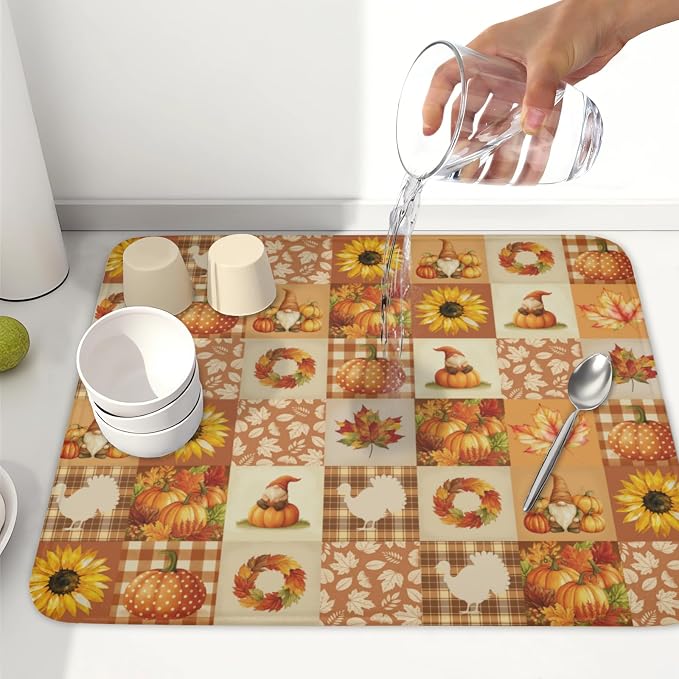 Fall Thanksgiving Dish Drying Mat for Kitchen Counter Autumn Harvest Orange Dish Drainer Mat Rustic Absorbent Washable Drying Pad 16"x18"