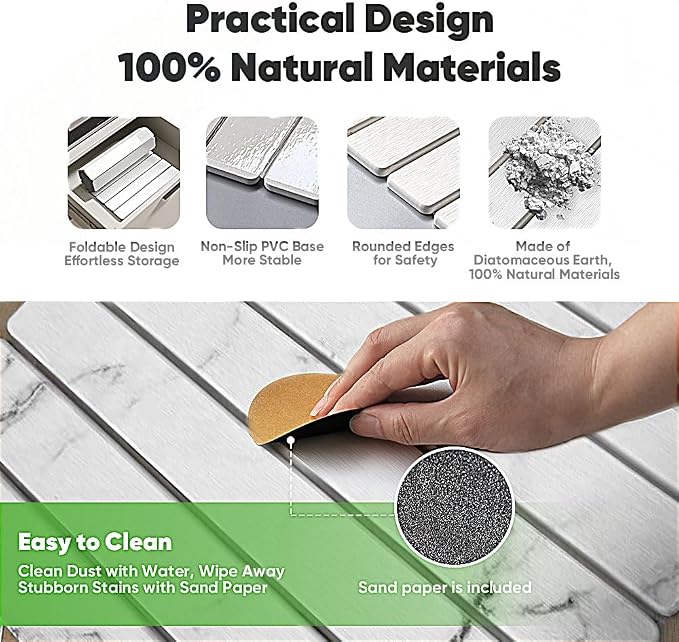 Stone Drying Mat for Kitchen Counter, Quick Diatomaceous Earth Mats for Dishes, 24"L x 16" W Super Absorbent Fast-Drying Collapsible Countertop Stone Mat (Marble White, 24" x 16")