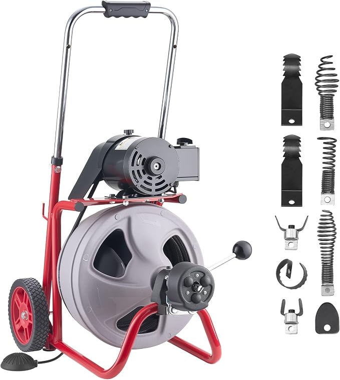 VEVOR Drain Cleaner Machine 75 FT x 3/8 Inch, Auto Feed Sewer Snake Drain Auger on Wheels, Portable Drain Cleaning Machine with 8 Cutters & Air-Activated Foot Switch for 2" to 4" Pipes