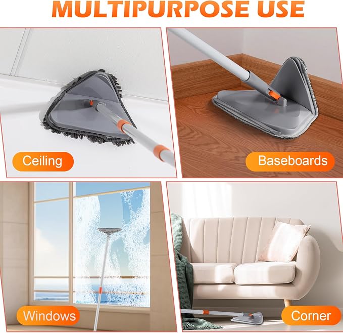 RONSUNG Wall Cleaner Mop, 82-Inch Handle, Baseboard Cleaner Tool, 4 Pads | Wall scrubber with long handle, triangle head, squeegee, and 4 pads for walls, ceilings, windows, baseboards, and floors
