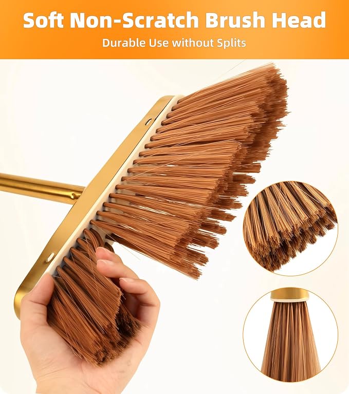 Gold Stainless Steel Broom and Dustpan Set, 2-Piece Long Handle Standing Pan with Comb Teeth, Heavy Duty Windproof Upright Design for Home, Kitchen, Indoor Outdoor Use