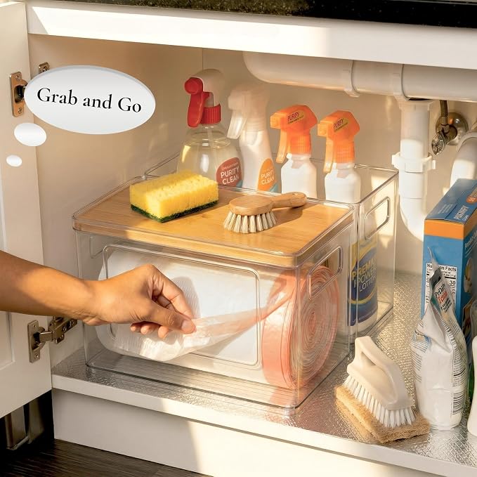 Hudgan 2 in 1 Acrylic Trash Bag Dispenser Under Sink, Garbage Bags Holder with Stackable Bamboo Top for Kitchen, Pantry, Laundry Room