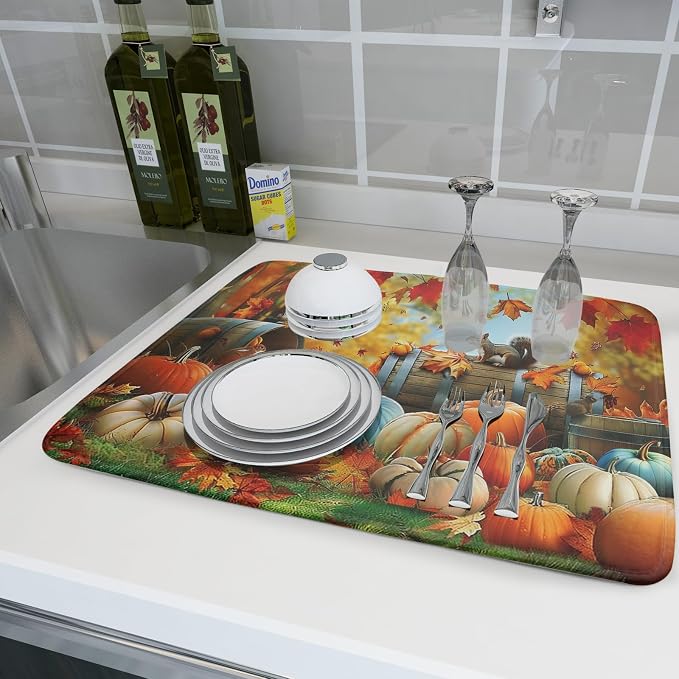 Fall Dish Drying Mat for Kitchen Counter Autumn Pumpkin Cute Squirrel Microfiber Absorbent Dish Draining Reusable Washable Foldable Extra Large 18"x24"