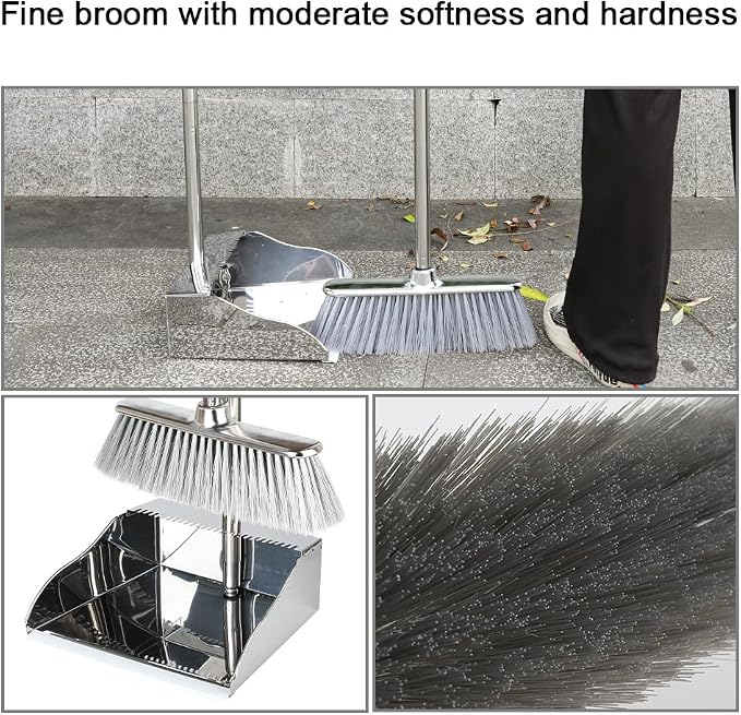 Broom and Dustpan Set,Soft Bristles Indoor Kitchen Broom with Stainless Steel Dustpan ，Metal Dust Pan，Silvery White, Suitable for Ceramic Tiles, Solid Wood, Composite Flooring