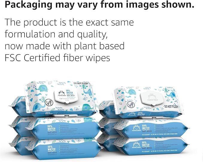 Amazon Brand - Mama Bear 99% Water Baby Wipes, Hypoallergenic, Fragrance Free,72 Count (Pack of 6)