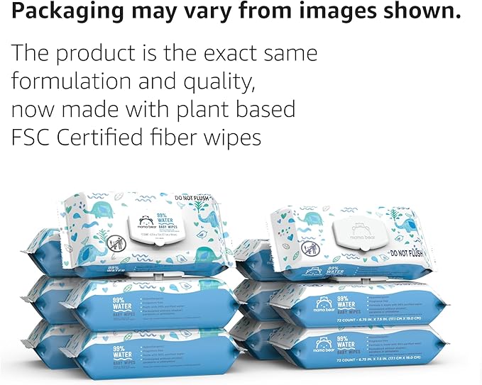 Amazon Brand - Mama Bear 99% Water Baby Wipes, Hypoallergenic,formulated without Fragrance, 72 Count
