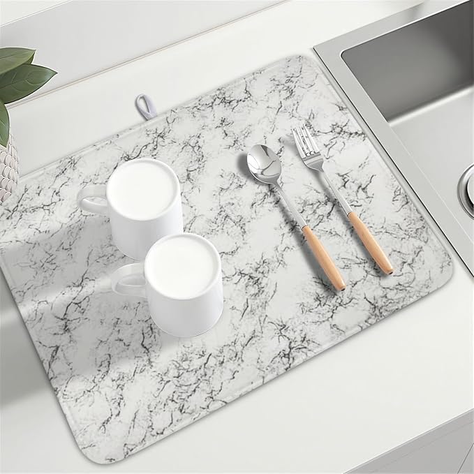 White Grey Marble Dish Drying Mat for Kitchen Counter Modern Marble Pattern Microfiber Dish Drainer Mat Absorbent Washable Drying Pad Extra Large 18"x24"