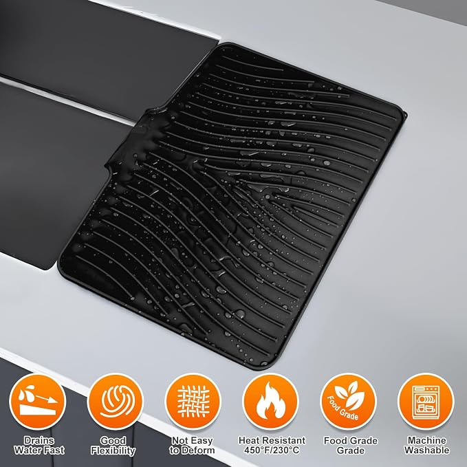 Silicone Dish Drying Mat for Kitchen counter, 19.7"x17" Extra Large Non-Slip Drain Pad with Built-in Drainage, Heat Resistant Dishwasher Safe, Black
