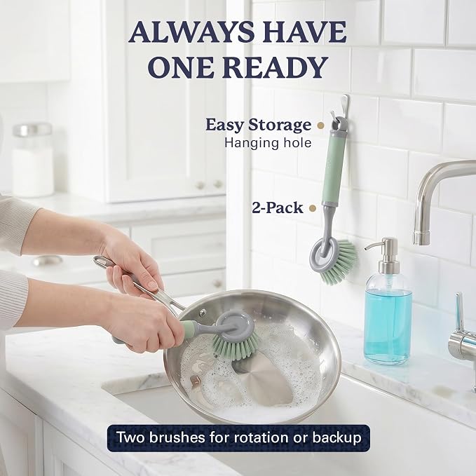 Farberware Dish Brush with Handle, 2 Pack, Firm Bristles | Kitchen scrub brush and dish scrubber removes grease, reaches pot and pan edges, 9in, round head, soft-grip design