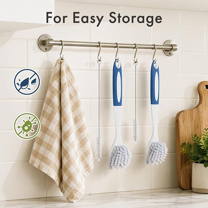 Amazer Dish Brush with Handle, 2 Pack Kitchen Scrub Brushes with Built-in Scraper for Cleaning, Dish Scrubber with Stiff Bristles for Sink, Pots, Pans (Blue+Blue)