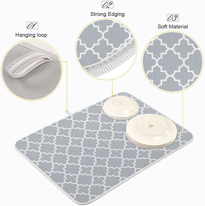 Super Absorbent Dish Drying Mat, Microfiber Fast-Drying Dish Mat, 16" x 18", Kitchen Dish Drying Pad, Grey Moroccan