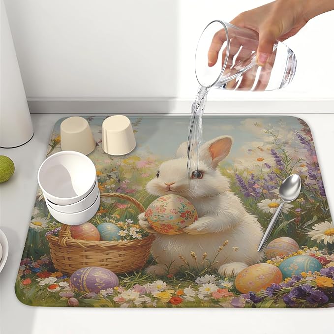 Easter Bunny Eggs Dish Drying Mat for Kitchen Counter 16 x 18 Inch Rabbit Floral Dish Drainer Mat Absorbent Microfiber Dish Rack Pad for Spring Holiday Coffee Dining Bar Decor