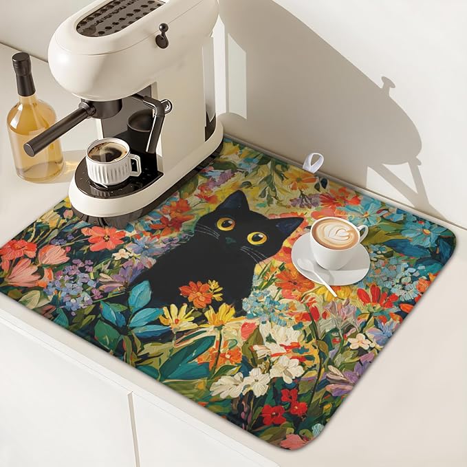 Spring Summer Floral Cat Dish Drying Mat for Kitchen Counter Abstract Oil Painting Wildflower Microfiber Dish Drainer Mat Rustic Absorbent Washable Drying Pad 16"x18"