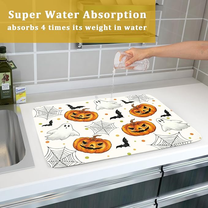 Halloween Dish Drying Mat for Kitchen Counter Ghost Pumpkin Festival Microfiber Absorbent Dish Draining Reusable Washable Foldable Extra Large 18"x24"