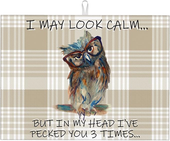 Kitchen Drying Mat Funny Owl Dish Drainer Mat for Kitchen Counter Microfiber Absorbent Reusable Washable 18x24 Inch Home Holiday Decor Cute Buffalo Plaid Drying Pad