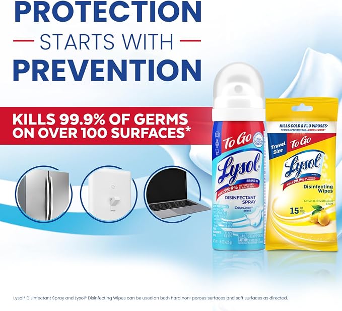 Lysol To Go Bundle - 1.5 Ounce Crisp Linen Disinfectant Spray and Lemon Lime Disinfecting Wipes Flat Pack