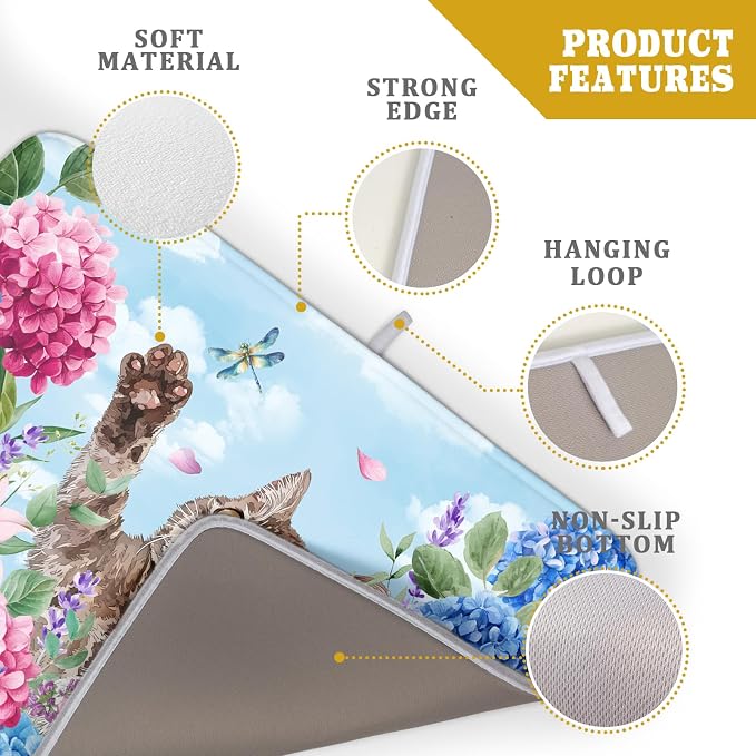 Cute Cat Dish Drying Mats for Kitchen Counter Hydrangea Floral Absorbent Drying Dishes Mat Large 18 X 24