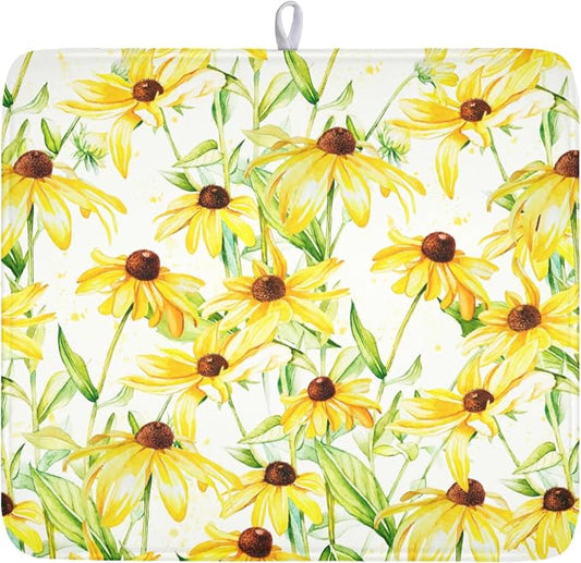 Yellow Sunflower Dish Drying Mat for Kitchen Counter 16x18 Inch | Floral，Polyester，Absorbent Microfiber，for Coffee Dining Bar Decor