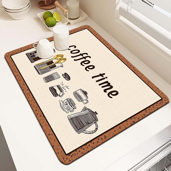 MCALK Coffee Mat, Coffee Bar Station Accessories with Anti-Slip Rubber Base, Absorbent Kitchen Sink Mat with Modern Art Decor (1 pc 18" x 16")