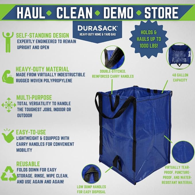 DURASACK Heavy Duty Home and Yard Waste Bag 48-Gallon Woven Polypropylene, Reusable Lawn and Leaf Garden Bag with Reinforced Carry Handles, Pop-Up Self-Standing Garbage Can, Blue (Pack of 2)