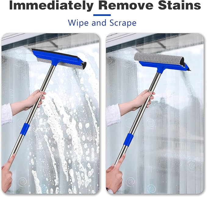 2 in 1 Window Squeegee,Car Window Cleaner Tool with 55" Long Stainless Steel Handle,Sponge Car Squeegee for Home,Gas Station,Glass,Shower,Outdoor High Window Cleaning