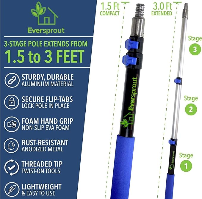 EVERSPROUT Scrub Brush, 1.5 to 3ft Pole, Rubber Bumper, No-Scratch | For Cars, Trucks, RV, Boats, Driveways, Decks, Patios, Decks, House Siding, 8-10ft Standing Reach, Non-Slip Grip, Lightweight